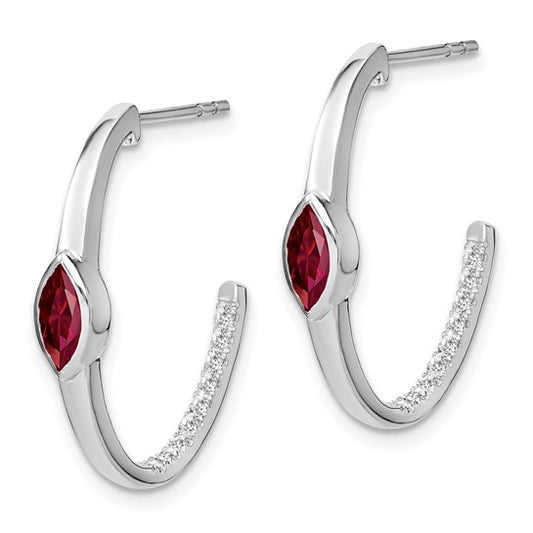 14k White Gold Marquise Created Ruby/Diamond J-hoop Earrings