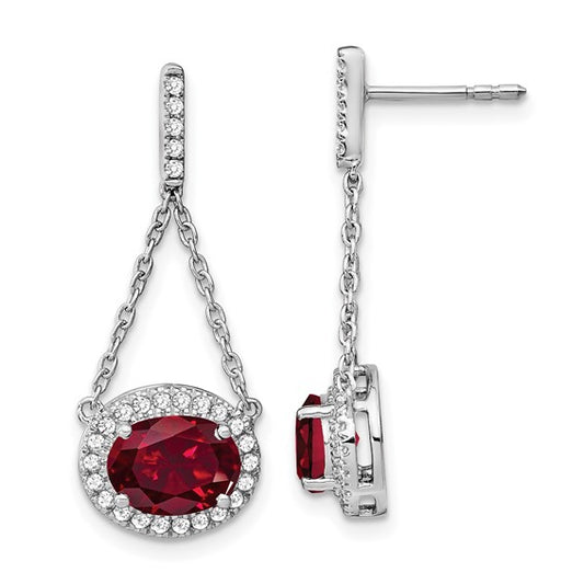 14k White Gold Oval Created Ruby and Diamond Dangle Earrings