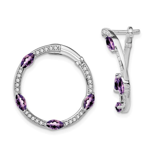 14k White Gold Amethyst and Diamond Hoop Earrings