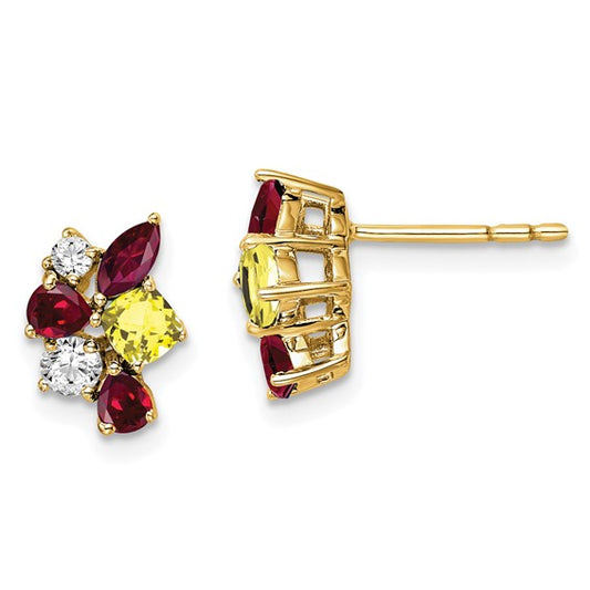 14K Lab Grown Diamond Created Ruby and Created Yellow Sapphire Earring