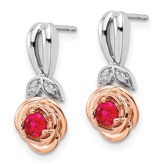 14K Two-tone White and Rose Ruby and Diamond Flower Post Earrings
