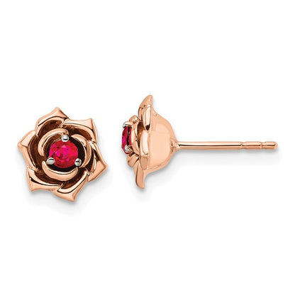 14K Two-tone White and Rose Ruby Flower Post Earrings