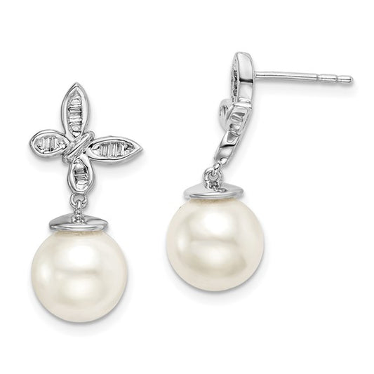 14k White FWC Pearl and Diamond Butterfly Post Earrings