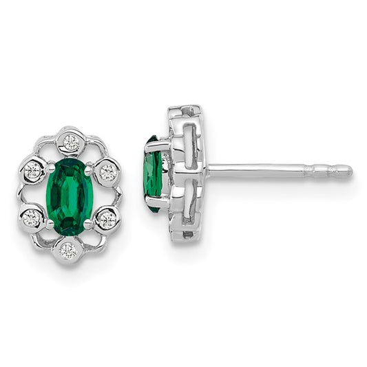 14K White Gold Lab Grown Diamond and Created Emerald Earrings