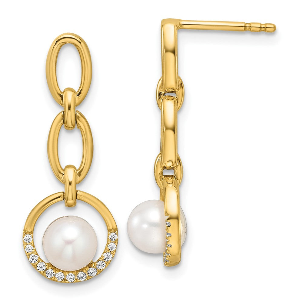 14K Polished Diamond and Pearl Open Circle Dangle Post Earrings