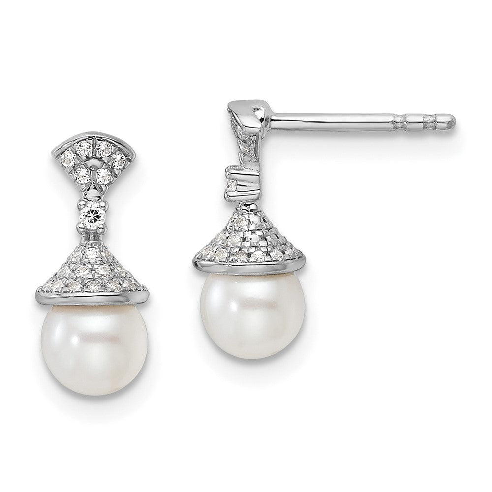 14K White Gold Polished Diamond and Pearl Drop Post Earrings