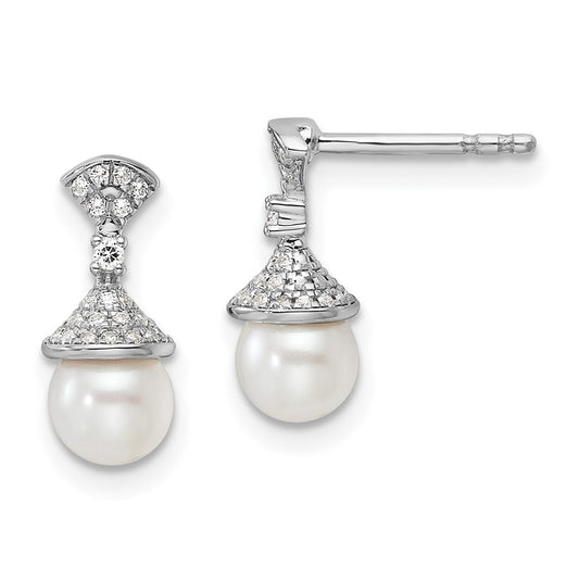 14K White Gold Polished Diamond and Pearl Drop Post Earrings