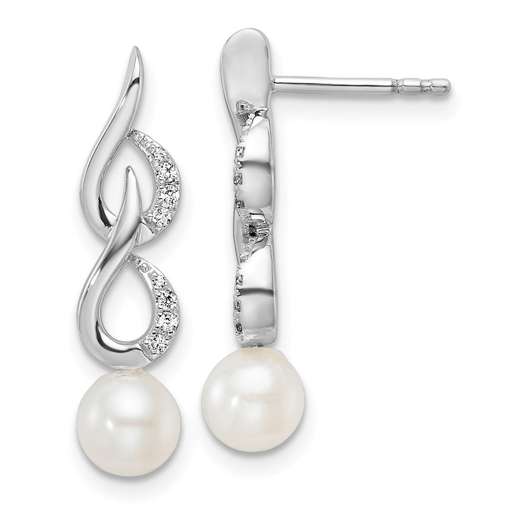 14K White Gold Polished Diamond and Pearl Drop Post Earrings