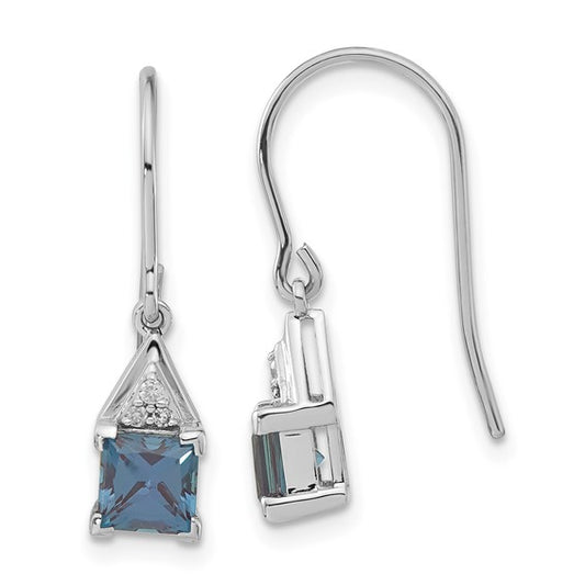 10k White Gold Polished Diamond and Created Alexandrite Dangle Earrings