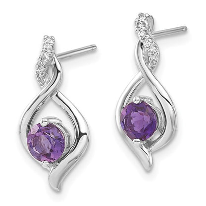 10k White Gold Polished Amethyst and Diamond Twisted Post Earrings