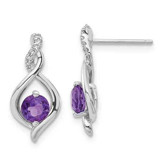 10k White Gold Polished Amethyst and Diamond Twisted Post Earrings