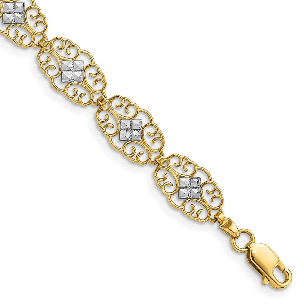 14k and White Rhodium Diamond-Cut Fancy Bracelet