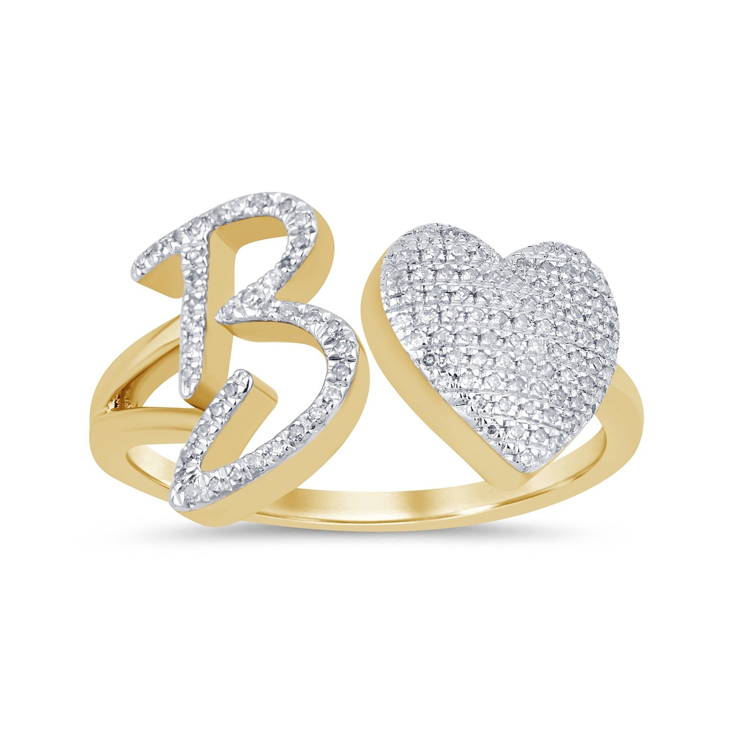 10K YELLOW GOLD .25 CARAT WOMENS NATURAL DIAMOND HEART & LETTER INITIAL B RING