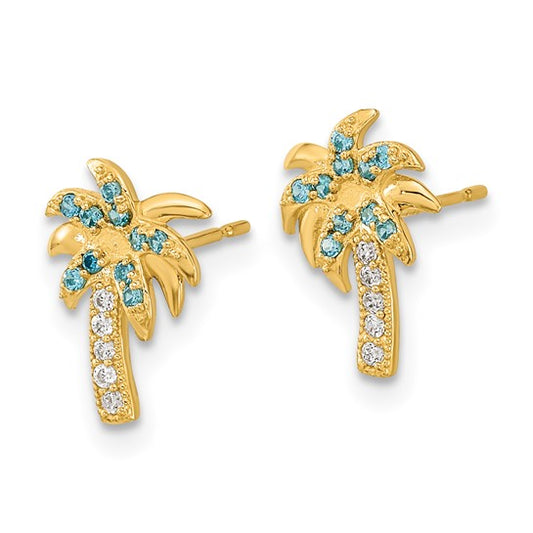 14k Madi K Blue and Clear CZ Palm Tree Post Earrings