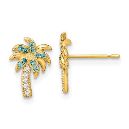 14k Madi K Blue and Clear CZ Palm Tree Post Earrings