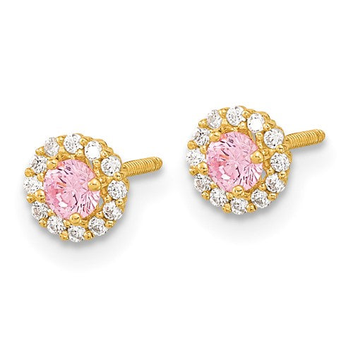 14k Madi K Polished Pink and Clear CZ Screwback Post Earrings