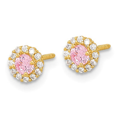 14k Madi K Polished Pink and Clear CZ Screwback Post Earrings