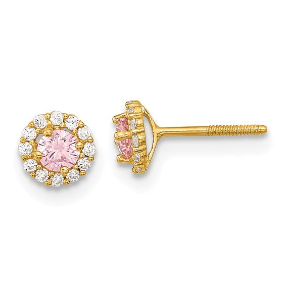 14k Madi K Polished Pink and Clear CZ Screwback Post Earrings