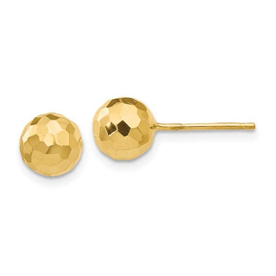 14K Gold Polished and Diamond Cut 7MM Ball Post Earrings