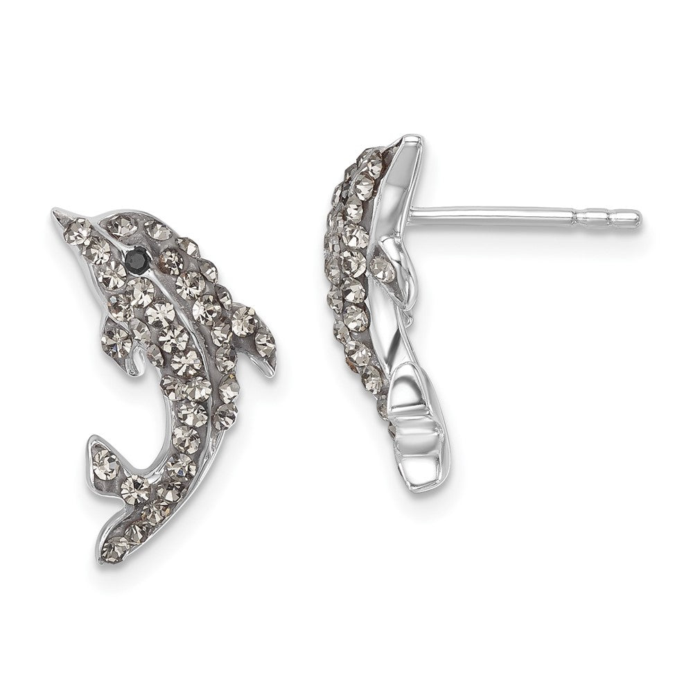 Sterling Silver Rhodium-Plated Pale Blue Crystal Dolphin Post Earrings