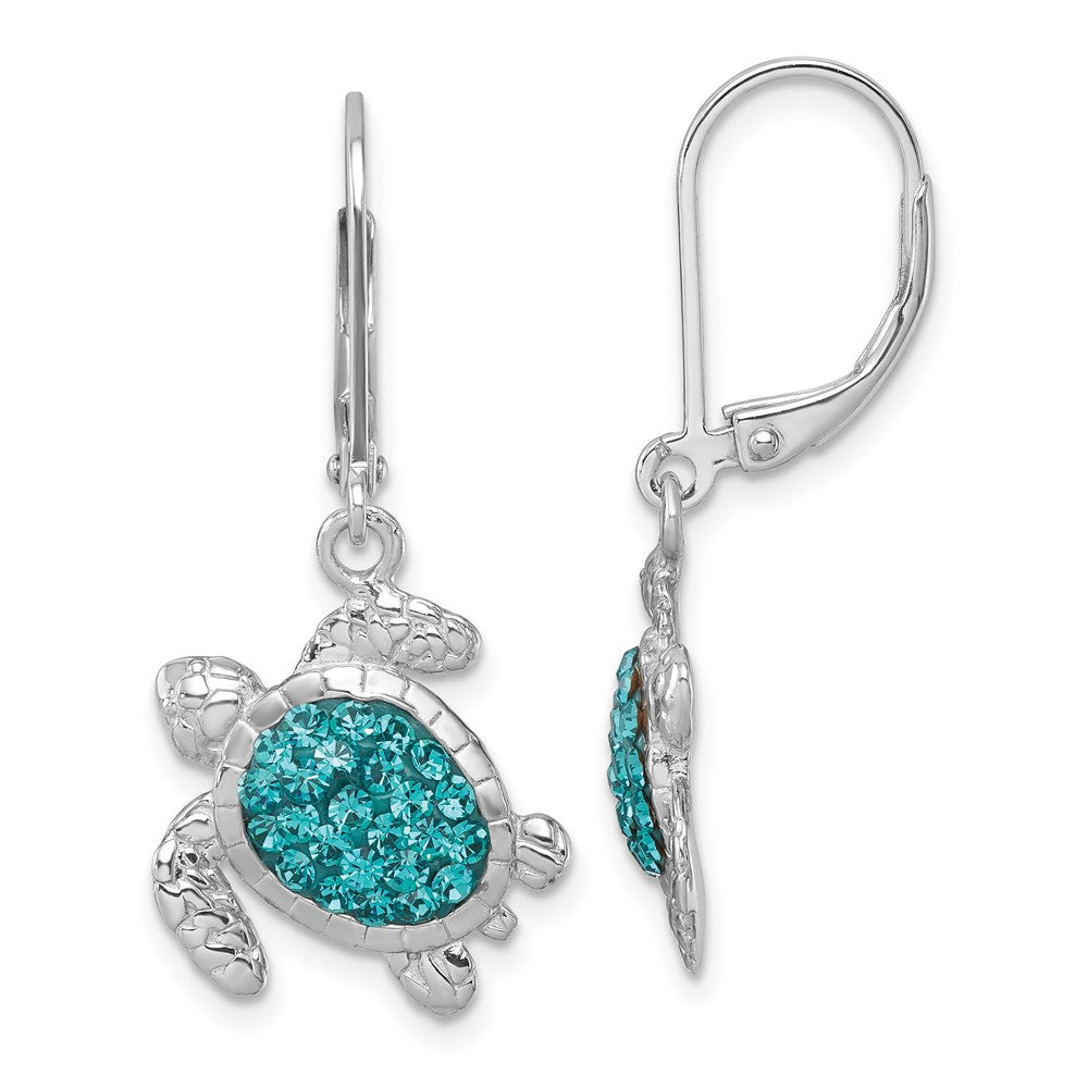 Sterling Silver Rhodium-plated Polished Blue Crystal Turtle Dangle Earrings