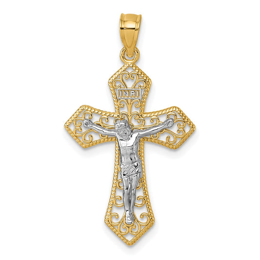 14k Two-tone Polished and Beaded Fancy Crucifix Pendant