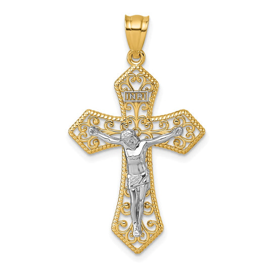 14k Two-tone Polished And Beaded Fancy Crucifix Pendant