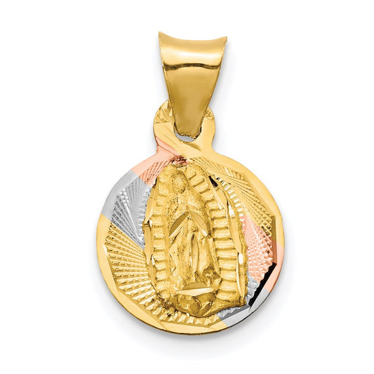 14K w/Rhodium Polished D/C Lady Of Guadalupe Circle Pendant