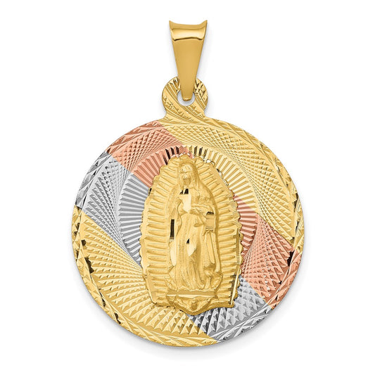 14K w/Rhodium Polished D/C Lady Of Guadalupe Circle Pendant