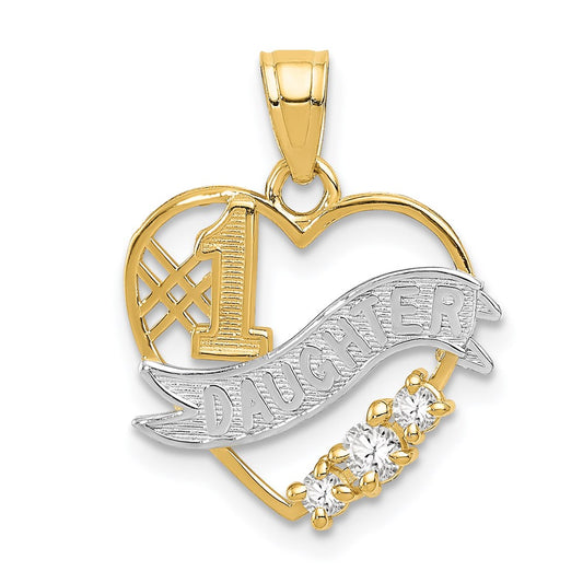 14k w/Rhodium CZ #1 DAUGHTER Heart Pendant