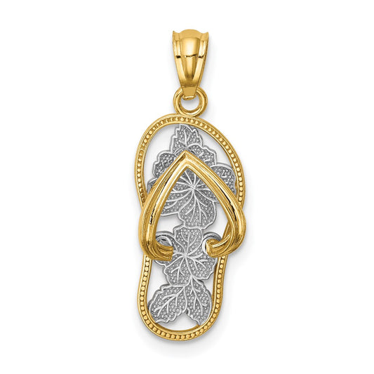 14k w/Rhodium Polished Floral Flip Flop Pendant