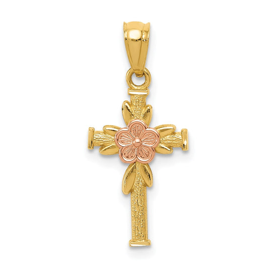 14K Two-tone Polished D/C Cross w/Flower Pendant