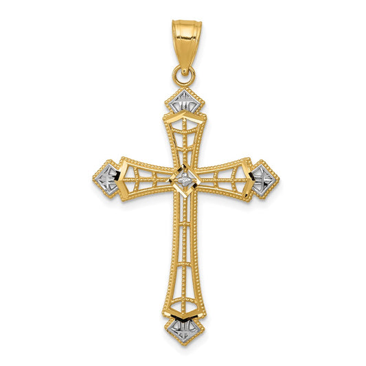 14k w/Rhodium Diamond-cut Cross Pendant