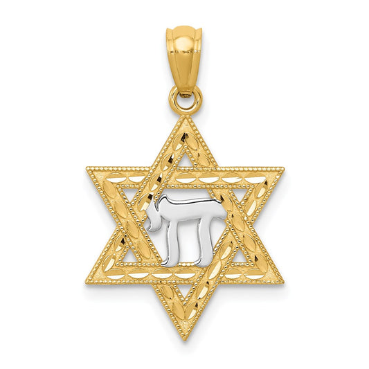 14k w/Rhodium Star of David w/Chai Pendant
