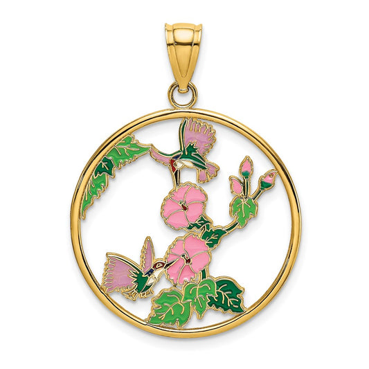 14K w/ Enamel Hummingbirds and Flowers In Circle Charm