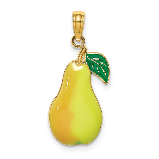 14K W/ Enamel Pear With Stem and Leaf Charm