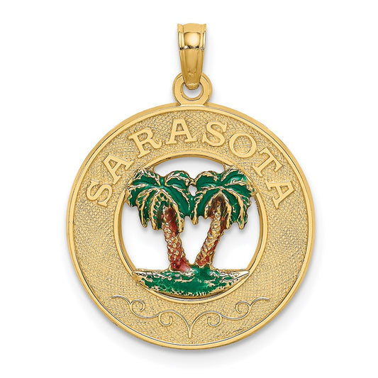 14K w/ Enamel SARASOTA Circle Palm Tree Charm