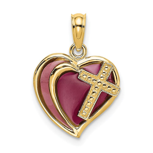 14K W/ Purple Enamel Cross Heart Charm
