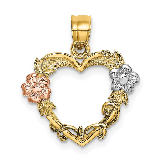 14k Two-tone with White Rhodium Flower In Heart Charm
