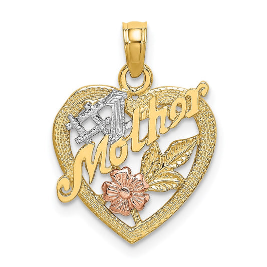 14K Two-tone w/White Rhodium #1 MOTHER Heart w/Flower Charm