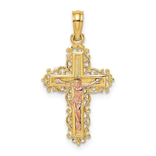 14K Two-Tone Crucifix W/ Lace Trim Charm