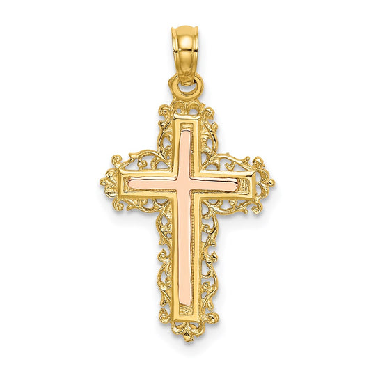 14K Two-Tone Cross w/ Lace Trim Charm