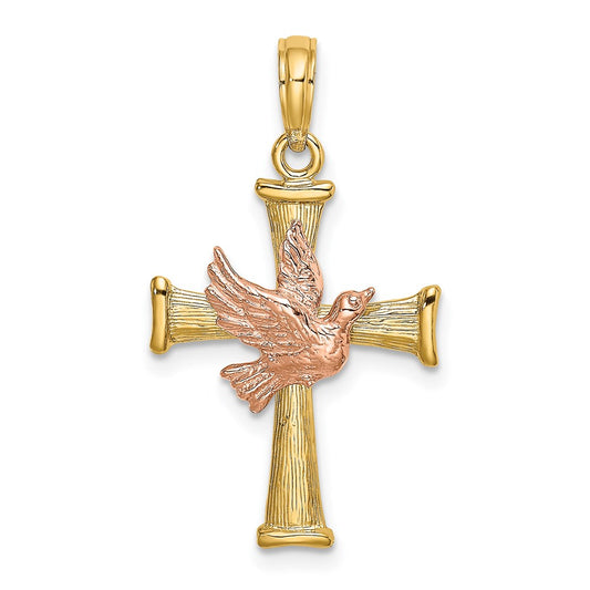 14k Two-tone Textured Finish Cross w/ Dove Charm