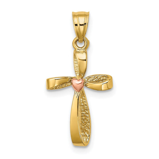 14k Two-Tone Twisted Cross w/ Heart Charm