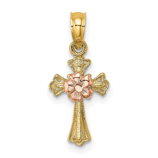 14k Two-Tone Cross w/ Small Flower Charm