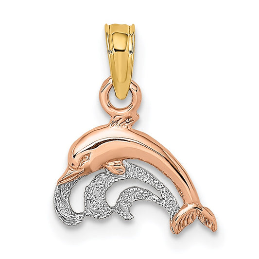 14K Two-Tone W/White Rhodium Dolphin and Wave Charm