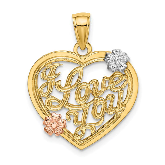 14k Two-tone w/White Rhodium I LOVE YOU Heart w/Flowers Charm