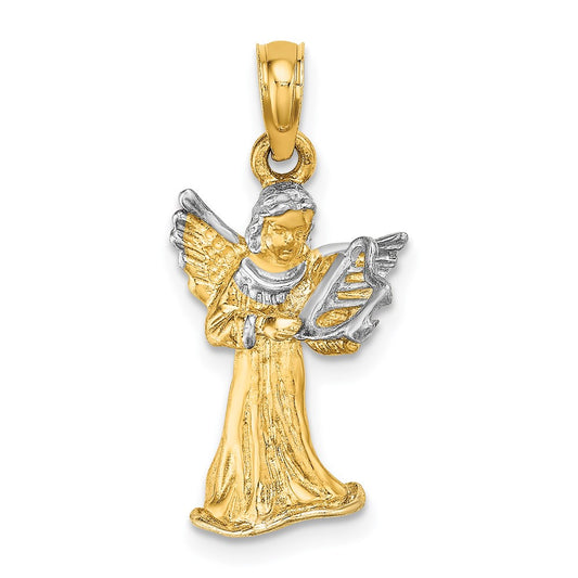 14k w/ White Rhodium 3-D Angel Playing Harp Charm