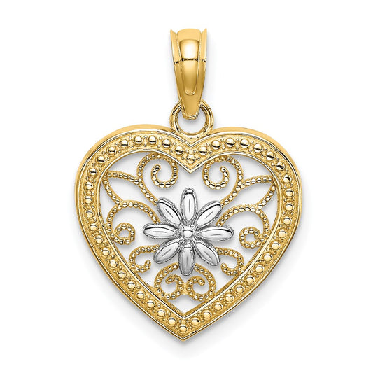 14k w/ Rhodium Textured Heart Flower Filigree Charm