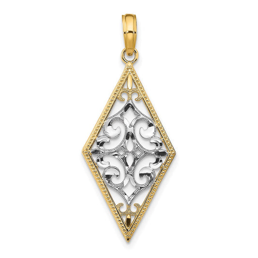 14K w/Rhodium Diamond Shape Cut-Out Filigree Charm